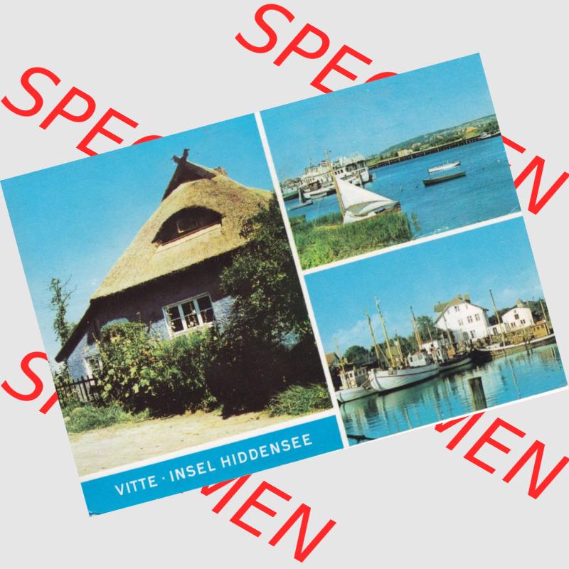Ansichtskarte DDR Bezirk Rostock, Kreis Rügen, Insel und Gemeinde Hiddensee 1974, Vitte - Insel Hiddensee, Blaue Scheune und Hafenmotive, gelaufen mit DDR-Briefmarke,... Sammlung