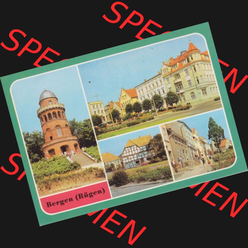 Ansichtskarte DDR Bezirk Rostock, Kreis Rügen, Stadt Bergen auf Rügen mit Ernst-Moriz-Arndt-Turm, Karl-Marx-Platz, Marktstraße. Ansichtskarte bzw.... Sammlung