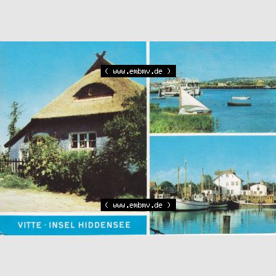 Ansichtskarte DDR Bezirk Rostock, Kreis Rügen, Insel und Gemeinde Hiddensee 1974, Vitte - Insel Hiddensee, Blaue Scheune und Hafenmotive, gelaufen mit DDR-Briefmarke,... Sammlung