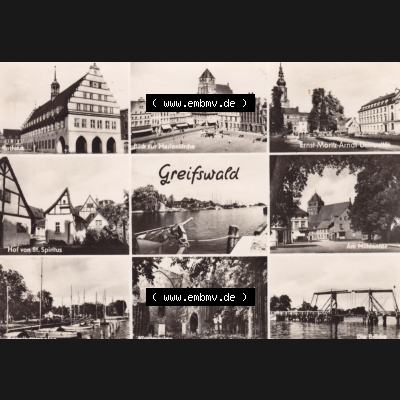 Ansichtskarte DDR Bezirk Rostock, Kreis Greifswald unsortiert Rathaus, Marienkirche, Ernst-Moritz-Arndt-Universität, Mühlentor, Die Brücke. Ansichtskarte... Sammlung