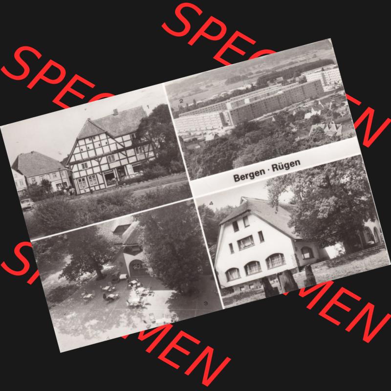 Ansichtskarte DDR Bezirk Rostock, Kreis Rügen, Stadt Bergen auf Rügen Fachwerkhaus am Karl-Marx-Platz, Neubauten in der Südstadt, Rugard-Gaststätte. Ansichtskarte... Sammlung