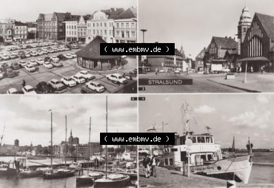 Ansichtskarte DDR Bezirk Rostock, Stralsund, Mehrbildkarte, Leninplatz, Bahnhof, Hafen, Schwimmende Gaststätte (1) Sammlung
