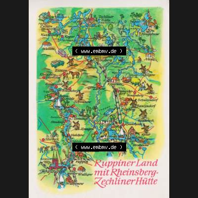 Ansichtskarte mit DDR Karten-Zeichnung 1986, Ruppiner Land mit Rheinsberg- Zechliner Hütte - Landkarte gezeichnet und herausgegeben, bzw. an Urlauber in der Deutschen Demokratischen... Sammlung
