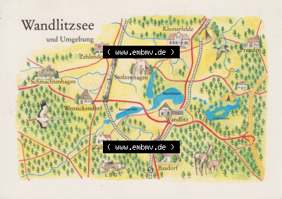 Ansichtskarte mit DDR Karten-Zeichnung 1984, Wandlitzsee und Umgebung - Landkarte gezeichnet -.-.- Sammlung