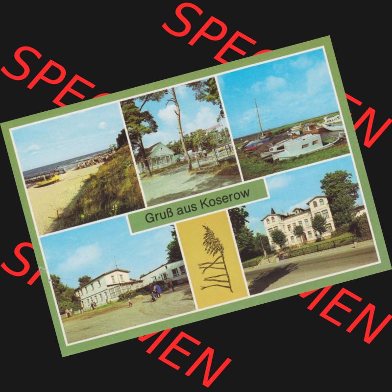 Alte Ansichtskarte DDR Bezirk Rostock, Kreis Wolgast, Insel Usedom in Farbe 1985, Gruß aus Koserow, Strand, Campingplatz, Bootshafen, am Achterwasser.... Sammlung