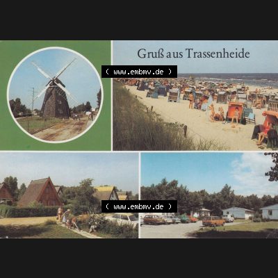 Ansichtskarte DDR Bezirk Rostock, Kreis Wolgast, Trassenheide Usedom Jugend-Erholungszentrum des VEB Carl Zeiss Jena, Strand, Finnhüttensiedlung. Alte Ansichtskarte... Sammlung