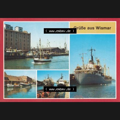 Ansichtskarten DDR Bezirk Rostock, Kreis Wismar, Stadt Wismar mit Ansichten Fischkutter am Stadthafen, FPG V. Parteitag, Schlepper und vertäuter Frachter. Alte... Sammlung