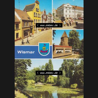 Ansichtskarten DDR Bezirk Rostock, Kreis Wismar, Stadt Wismar, Bohrstraße, Blick zum Westportal des Rathauses, Lindengarten. Alte Ansichtskarte mit Ansichten... Sammlung