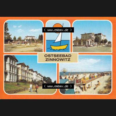 Ansichtskarte DDR Bezirk Rostock, Kreis Wolgast, Ostseebad Zinnowitz auf der Insel Usedom mit Minisportanlage Zinnowitz, Karl-Marx-Straße mit Ferienheim der IG Wismut, Strand... Sammlung