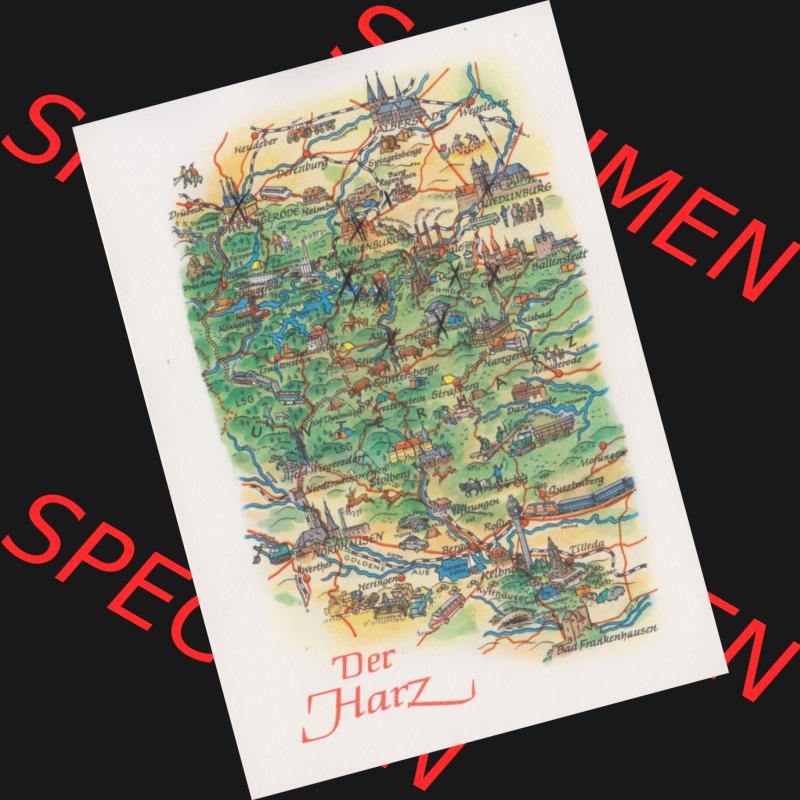 Ansichtskarte mit DDR Karten-Zeichnung 1977, Der Harz - Landkarte gezeichnet und herausgegeben, bzw. an Urlauber in der Deutschen Demokratischen Republik verkauft. Sammlung