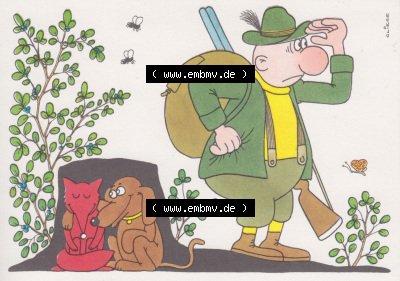 Ansichtskarten DDR Comics, Jäger mit Hund von 1986, Jeder Jäger lobt die Raubzeugschärfe seines Hundes vom Militärverlag der... Sammlung