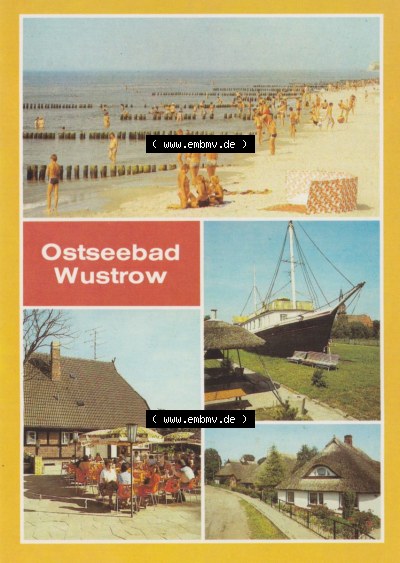 Ostseebad Wustrow Strand, Ferienschiff Stine, des VEB PLamag Plauen, FDGB-Cafe Sonnenhof. Alte Ansichtskarte mit Ansichten Sammlung