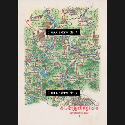 Ansichtskarte mit DDR Karten-Zeichnung 1968, Erzgebirge Westlicher Teil I - Landkarte gezeichnet und herausgegeben, bzw. an Urlauber in der Deutschen Demokratischen Republik verkauft. Sammlung