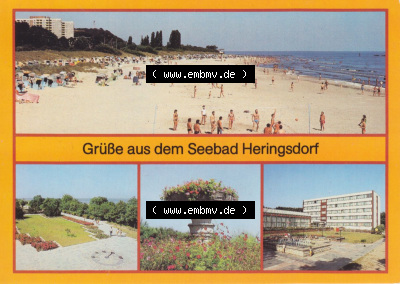 Seebad Heringsdorf 1986, FDGB-Erholungsheim Erich Weinert, Strand, Promenade mit Sonnenuhr. Alte Ansichtskarte, Bezirk Rostock,... Sammlung
