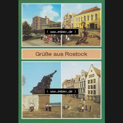 Alte Ansichtskarte mit Ansichten der DDR Bezirk Rostock, Stadtkreis Rostock, Hansestadt Rostock Barocksaal, Matrosen-Denkmal, Kröpeliner Straße. Alte Ansicht in... Sammlung