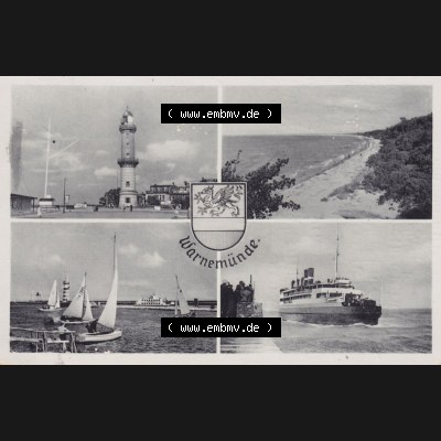 Ansichtskarte DDR Bezirk Rostock, Stadtkreis Rostock, Hansestadt Rostock Ansicht 1958, Warnemünde, Leuchtturm, Strand, Segelschiffe, Fährschiff.... Sammlung
