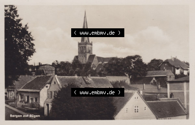DDR Bezirk Rostock, Kreis Rügen (Insel Rügen), Stadt Bergen - Ansicht mit Bergener Kirche 1955 Sammlung