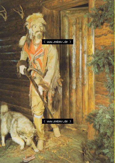 1987, Rückseite, Waldläufer - Trapper. Alte Ansichtskarte, Kreis Dresden, Radebeul Karl-May-Museum hier im online Katalog katalogisiert Sammlung
