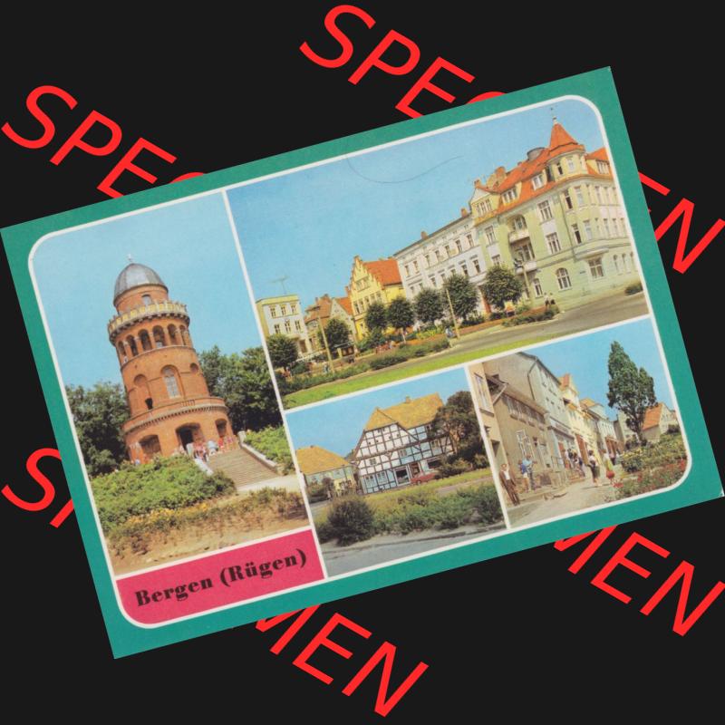 Ansichtskarte DDR Bezirk Rostock, Kreis Rügen, Stadt Bergen auf Rügen 1986, Karl-Marx-Platz, Marktstraße. DDR Bezirk Rostock, Kreis Rügen,... Sammlung