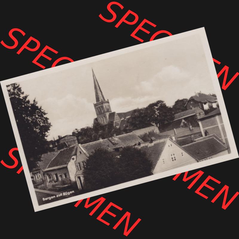 Alte Ansichtskarte DDR Bezirk Rostock, Kreis Rügen (Insel Rügen), Stadt Bergen - Ansicht mit Bergener Kirche 1955, Bergen auf Insel Rügen, Stadt-Ansicht... Sammlung