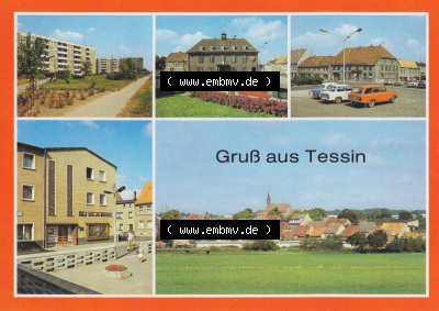 Alte Ansichtskarte DDR Bezirk Rostock, Kreis Rostock, Tessin 1986, Neubauten am Rosengarten, Rathaus, Marktplatz, Am Mühlenberg. Sammlung