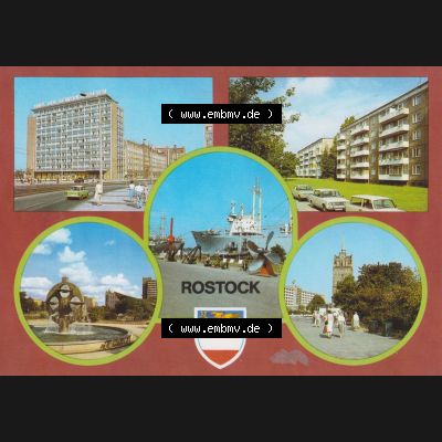 Alte Ansichtskarte mit Ansichten der DDR Bezirk Rostock, Stadtkreis Rostock, Hansestadt Rostock 1986, Südstadt - Wasserspiel, Springbrunnen, Technisches Denkmal.... Sammlung