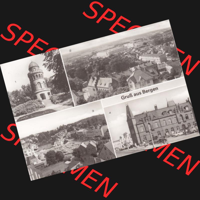 Ansichtskarte DDR Bezirk Rostock, Kreis Rügen, Stadt Bergen auf Rügen 1989, Rugardturm, Südstadt, Karl-Marx-Platz, Postamt. DDR Bezirk Rostock,... Sammlung