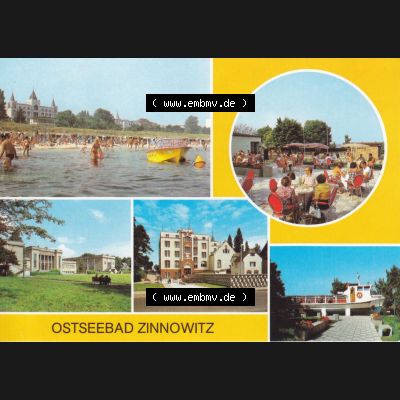 Ansichtskarte DDR Bezirk Rostock, Kreis Wolgast, Ostseebad Zinnowitz auf der Insel Usedom Strand, Boulevard-Café, Kulturhaus der DSF, Ferienheim IG Wismut, Klement... Sammlung