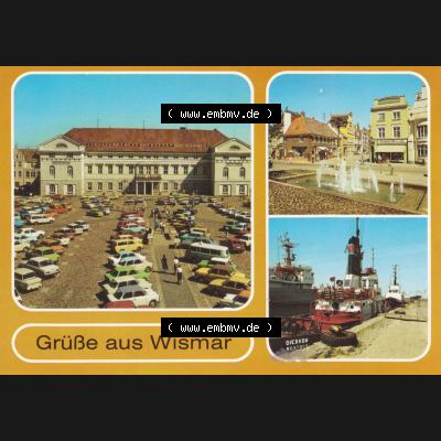 Ansichtskarten DDR Bezirk Rostock, Kreis Wismar, Stadt Wismar mit Ansichten Marktplatz mit Rathaus, Wasserspiele in der Krämerstrasse, Schlepper am Kai. Alte Ansichtskarte... Sammlung