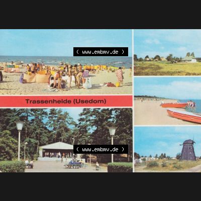 Ansichtskarte DDR Bezirk Rostock, Kreis Wolgast, Trassenheide Usedom 1982, Strand, Musikpavillon, Mühle, Jugend-Erholungszentrum des VEB Carl Zeiss Jena.... Sammlung