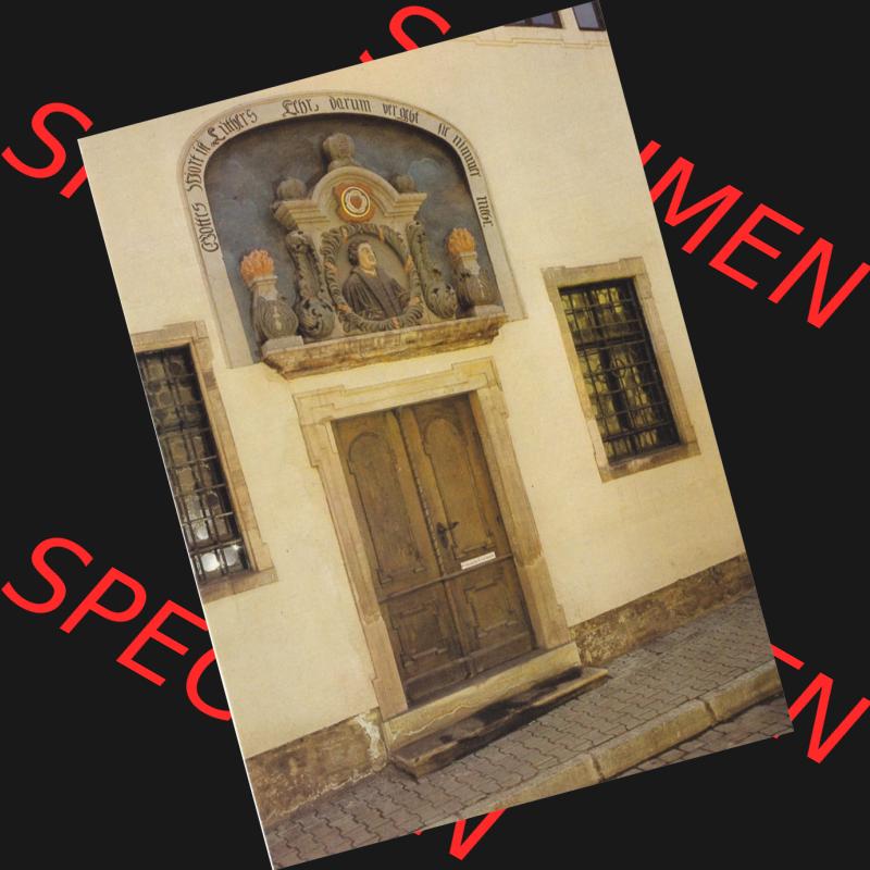 Alte Ansichtskarte DDR Bezirk Halle, Kreis Eisleben, Lutherstadt Eisleben Mappe 1985, Lutherrelief über der Haustür, Sandstein 1693. Alte Postkarten mit Luthers... Sammlung