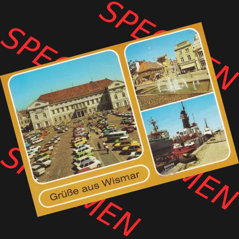 Ansichtskarten DDR Bezirk Rostock, Kreis Wismar, Stadt Wismar mit Ansichten Marktplatz mit Rathaus, Wasserspiele in der Krämerstrasse, Schlepper am Kai. Alte Ansichtskarte... Sammlung