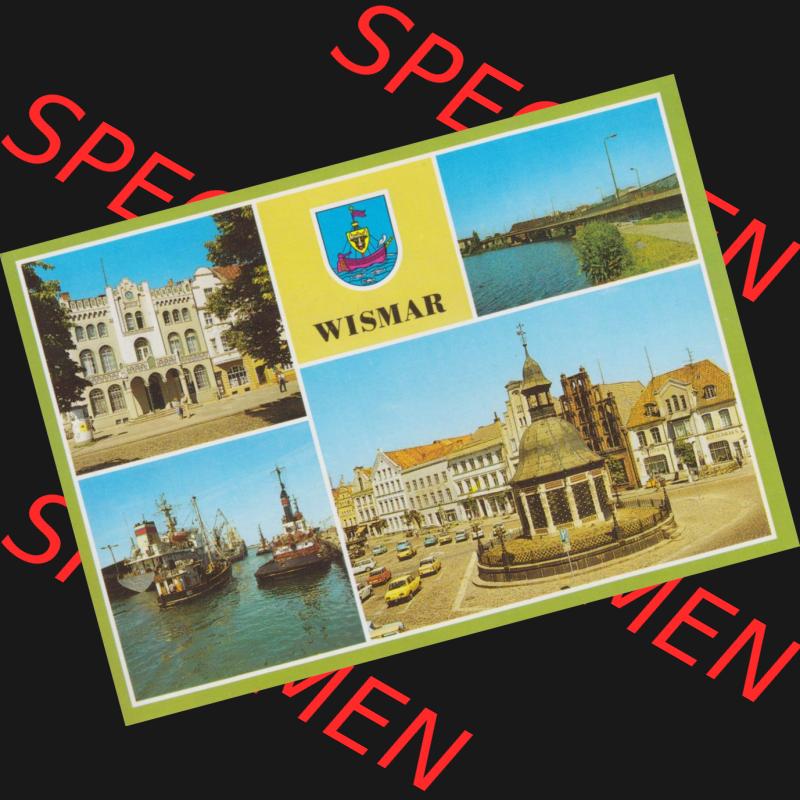 Ansichtskarten DDR Bezirk Rostock, Kreis Wismar, Stadt Wismar, Stadthaus am Marktplatz, Hochbrücke über den Mühlenteich, Schlepper am Kai. Alte Ansichtskarte... Sammlung