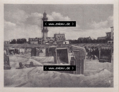 Warnemünde 1957, 10 Fotos von Verlag Lederbogen - Karl-Marx-Stadt 1957, 1. Strand mit Leuchtturm Sammlung