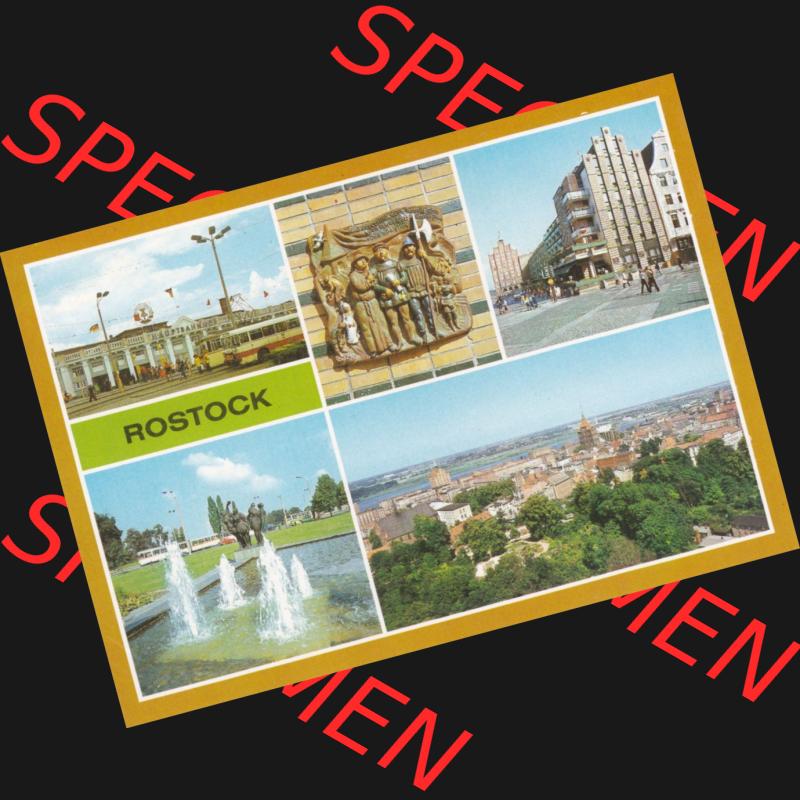 Alte Ansichtskarte mit Ansicht der DDR Bezirk Rostock, Stadtkreis & Hansestadt Rostock 1983, Hauptbahnhof, Ecke Breite Straße, Wasserspiel am Hotel Warnow. Digitales... Sammlung