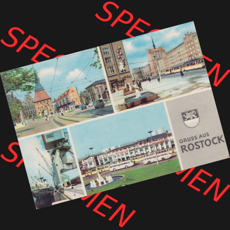 Alte Ansichtskarte mit Ansicht der DDR Bezirk Rostock, Stadtkreis & Hansestadt Rostock 1966, Steintor, Lange Straße, Überseehafen, Hauptbahnhof. Digitales... Sammlung