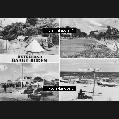 Ansichtskarte mit Ansicht der DDR Bezirk Rostock, Kreis Rügen, DDR Ostseebad Baabe 1975, 4 Mehrbildkarte, Zeltplatz und Strand in Baabe. Ansichtskarten Sammlung Ostseebad... Sammlung