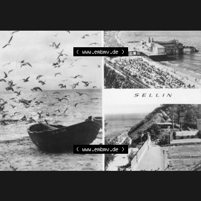 Ansichtskarte mit Ansicht der DDR Bezirk Rostock, Kreis Rügen, DDR Ostseebad Sellin 1974, Boot am Strand, Seebrücke, Freilichtbühne. Ansichtskarten Sammlung... Sammlung