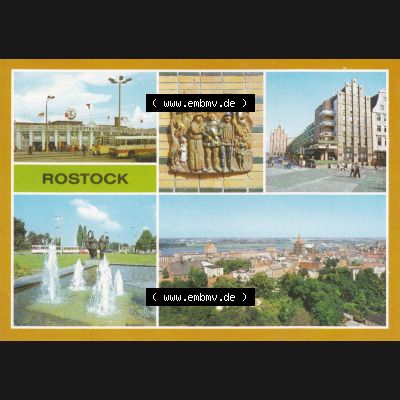 Alte Ansichtskarte mit Ansicht der DDR Bezirk Rostock, Stadtkreis & Hansestadt Rostock 1983, Hauptbahnhof, Ecke Breite Straße, Wasserspiel am Hotel Warnow. Digitales... Sammlung