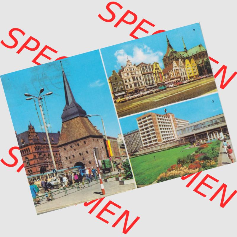 Alte Ansichtskarte mit Ansicht der DDR Bezirk Rostock, Stadtkreis & Hansestadt Rostock 1975, Steintor, Ernst-Thälmann-Platz, Interhotel Warnow. Digitales Bildmaterial... Sammlung