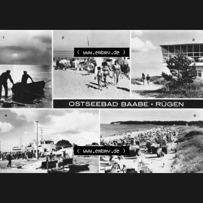 Ansichtskarte mit Ansicht der DDR Bezirk Rostock, Kreis Rügen, DDR Ostseebad Baabe 1977, 5 Foto-Bilder von Baabe auf Rügen, Am Strand, Dampfer-Anlegestelle.... Sammlung