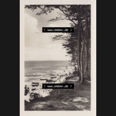 Alte Foto-Ansicht DDR Bezirk Rostock, Kreis Wolgast, Insel Usedom Ostseebad Koserow 1956, 10 Fischerboote am Strand mit Wald, Koserow a. Usedom. DDR Bezirk Rostock,... Sammlung