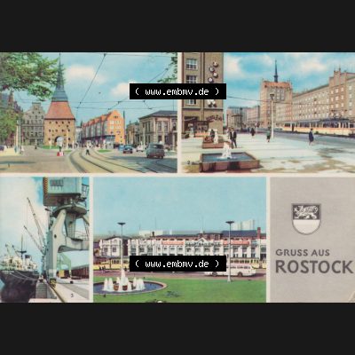 Alte Ansichtskarte mit Ansicht der DDR Bezirk Rostock, Stadtkreis & Hansestadt Rostock 1966, Steintor, Lange Straße, Überseehafen, Hauptbahnhof. Digitales... Sammlung