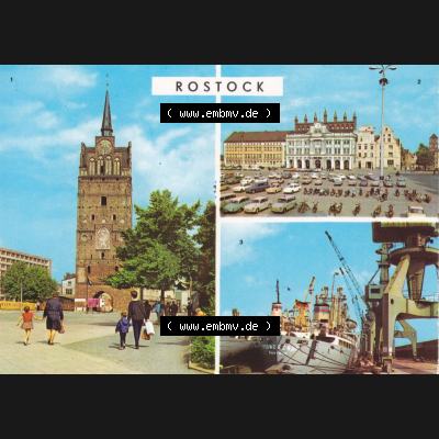 Alte Ansichtskarte mit Ansicht der DDR Bezirk Rostock, Stadtkreis & Hansestadt Rostock 1971, Kröpeliner-Tor, Rathaus, Überseehafen. Digitales Bildmaterial von... Sammlung