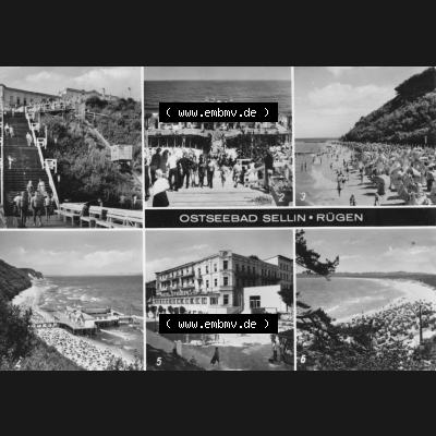 Ansichtskarte mit Ansicht der DDR Bezirk Rostock, Kreis Rügen, DDR Ostseebad Sellin 1973, Hotel Deutsches Reisebüro Frieden, Treppe und Fahrstuhl am Strand. Ansichtskarten... Sammlung