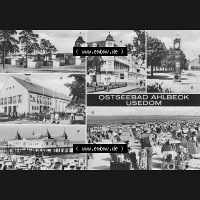 Alte Ansichtskarte der DDR Ahlbeck auf Usedom 1980, FDGB Urlauberdorf, Seebrücke am Meer, Konzertplatz, Strand. Digitales Bildmaterial von Ansichtskarten aus der DDR,... Sammlung