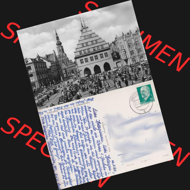 Ansichtskarte mit Ansicht der Stadt Greifswald 1962-1963, Rathaus und Nikolaikirche, Gebr. Garloff KG - Magdeburg. Digitales Bildmaterial von Ansichtskarten aus der DDR,... Sammlung