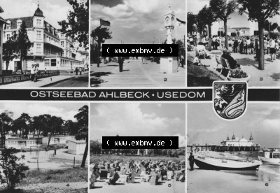 Ansichtskarte der DDR Ahlbeck auf Usedom 1977, An der Seebrücke, Konzertpavillon, Urlauberdorf, zum herunterladen freigegeben Sammlung