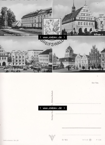 Ansicht der Stadt Greifswald 1960, Rubenow-Platz mit Universität, Rathaus, Platz der Freundschaft, Heldge-Verlag KG, Köthen/Anhalt,... Sammlung