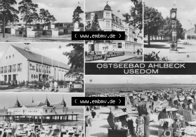 Ansichtskarte der DDR Ahlbeck auf Usedom 1980, FDGB Urlauberdorf, Seebrücke am Meer, Konzertplatz, Strand, zum herunterladen... Sammlung